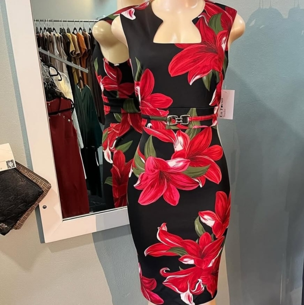 Encore Black Dress with Red Floral Design
